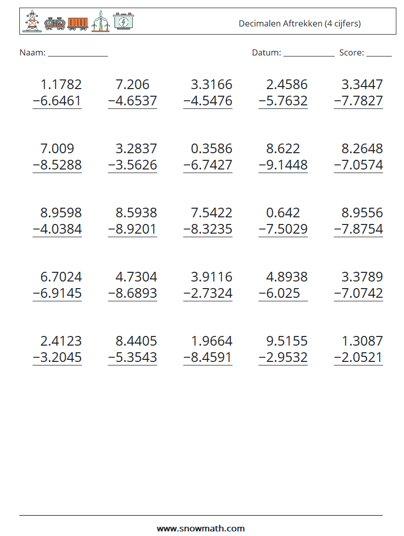 (25) Decimalen Aftrekken (4 cijfers) Wiskundige werkbladen 12