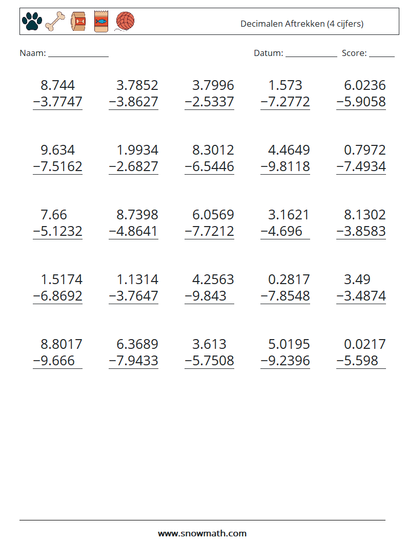 (25) Decimalen Aftrekken (4 cijfers) Wiskundige werkbladen 2