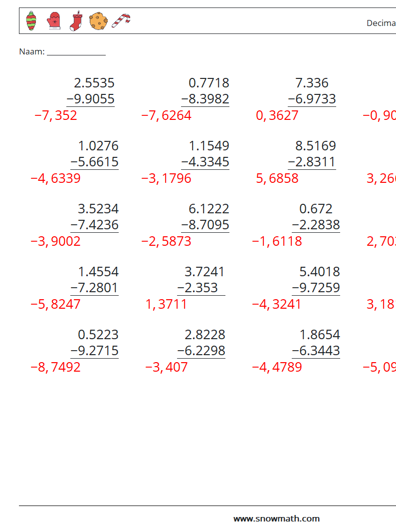 (25) Decimalen Aftrekken (4 cijfers) Wiskundige werkbladen 4 Vraag, Antwoord