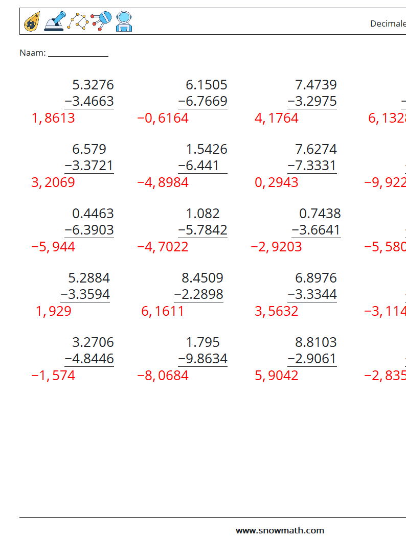 (25) Decimalen Aftrekken (4 cijfers) Wiskundige werkbladen 5 Vraag, Antwoord