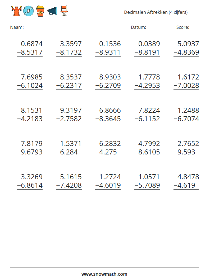 (25) Decimalen Aftrekken (4 cijfers) Wiskundige werkbladen 6