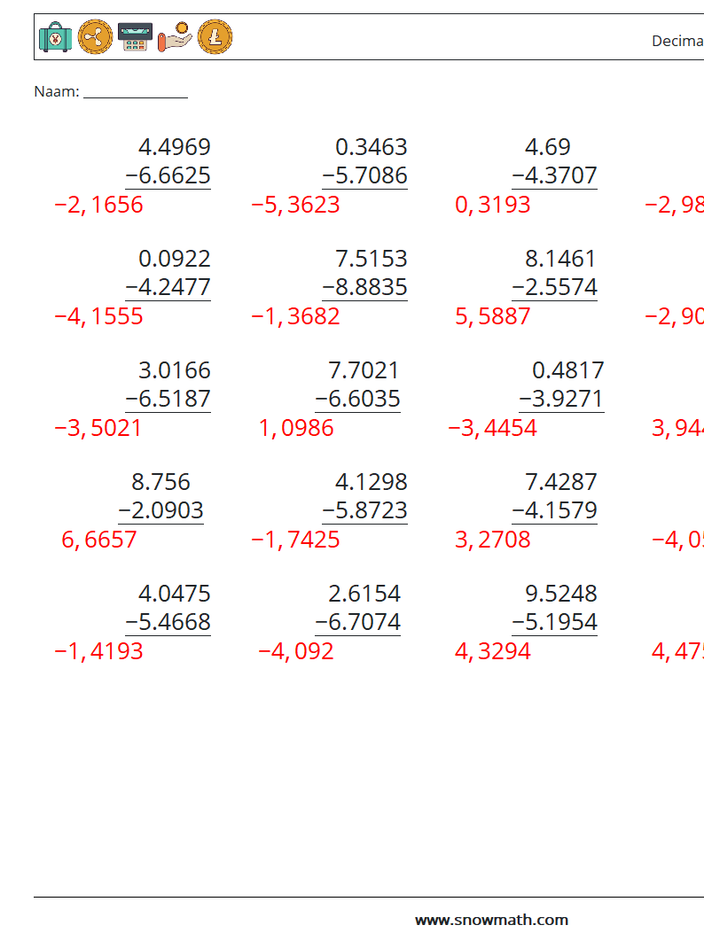 (25) Decimalen Aftrekken (4 cijfers) Wiskundige werkbladen 8 Vraag, Antwoord