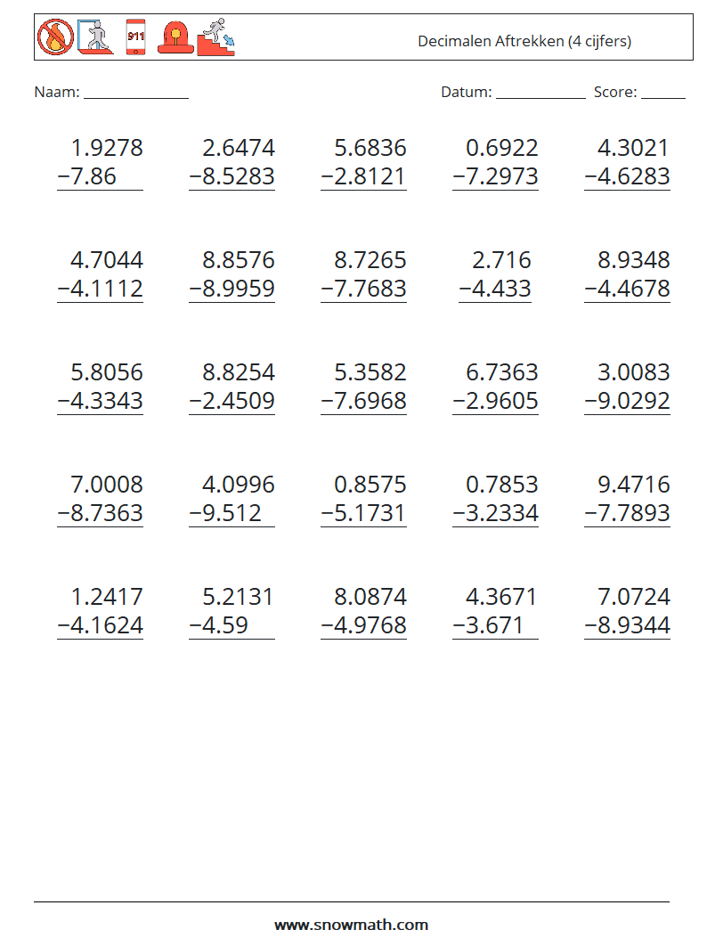 (25) Decimalen Aftrekken (4 cijfers) Wiskundige werkbladen 9