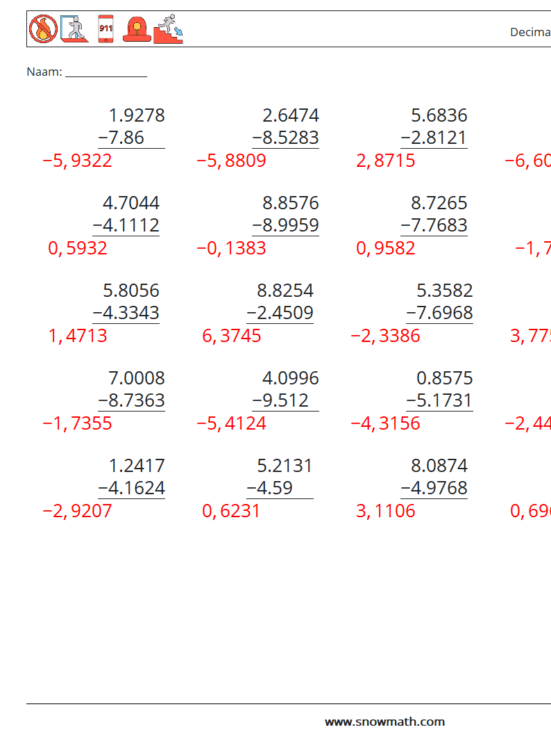 (25) Decimalen Aftrekken (4 cijfers) Wiskundige werkbladen 9 Vraag, Antwoord