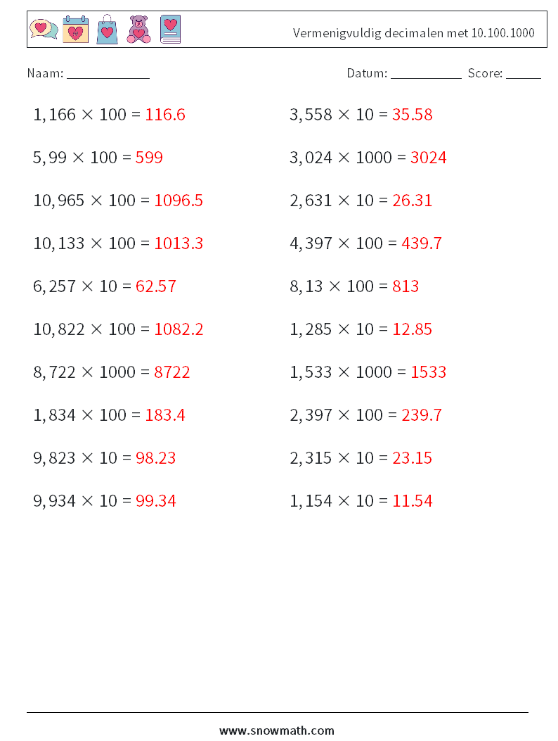 Vermenigvuldig decimalen met 10.100.1000 Wiskundige werkbladen 10 Vraag, Antwoord