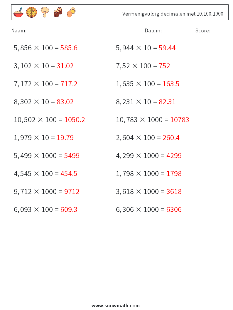Vermenigvuldig decimalen met 10.100.1000 Wiskundige werkbladen 12 Vraag, Antwoord