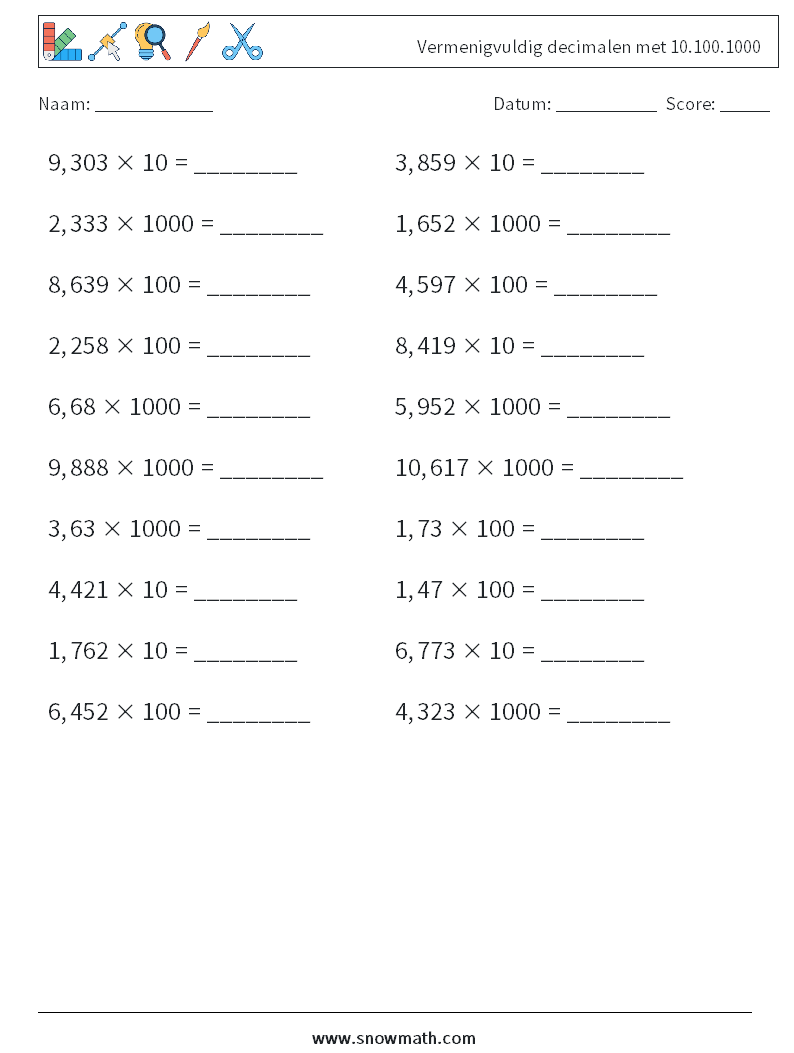 Vermenigvuldig decimalen met 10.100.1000 Wiskundige werkbladen 14