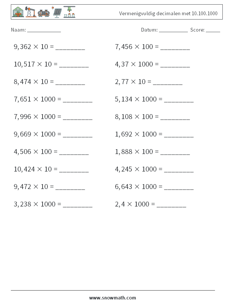 Vermenigvuldig decimalen met 10.100.1000 Wiskundige werkbladen 15