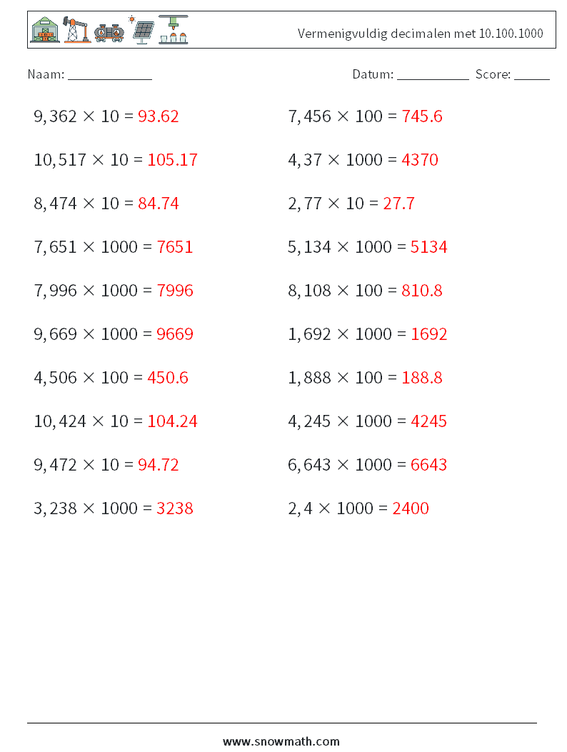Vermenigvuldig decimalen met 10.100.1000 Wiskundige werkbladen 15 Vraag, Antwoord
