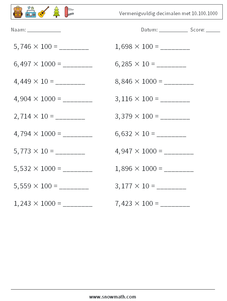 Vermenigvuldig decimalen met 10.100.1000 Wiskundige werkbladen 16