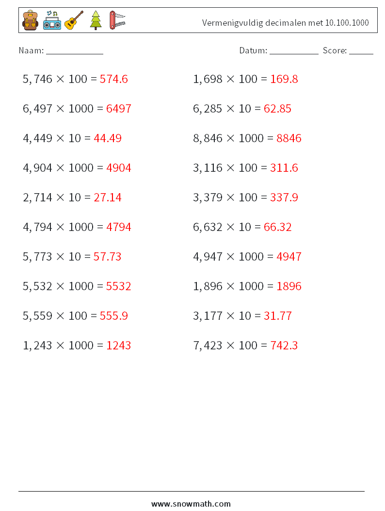 Vermenigvuldig decimalen met 10.100.1000 Wiskundige werkbladen 16 Vraag, Antwoord