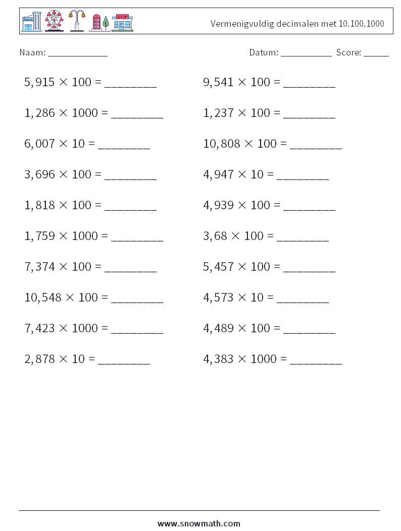Vermenigvuldig decimalen met 10.100.1000 Wiskundige werkbladen 17