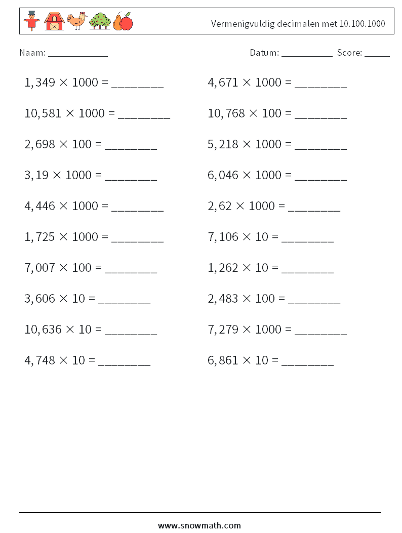 Vermenigvuldig decimalen met 10.100.1000 Wiskundige werkbladen 18