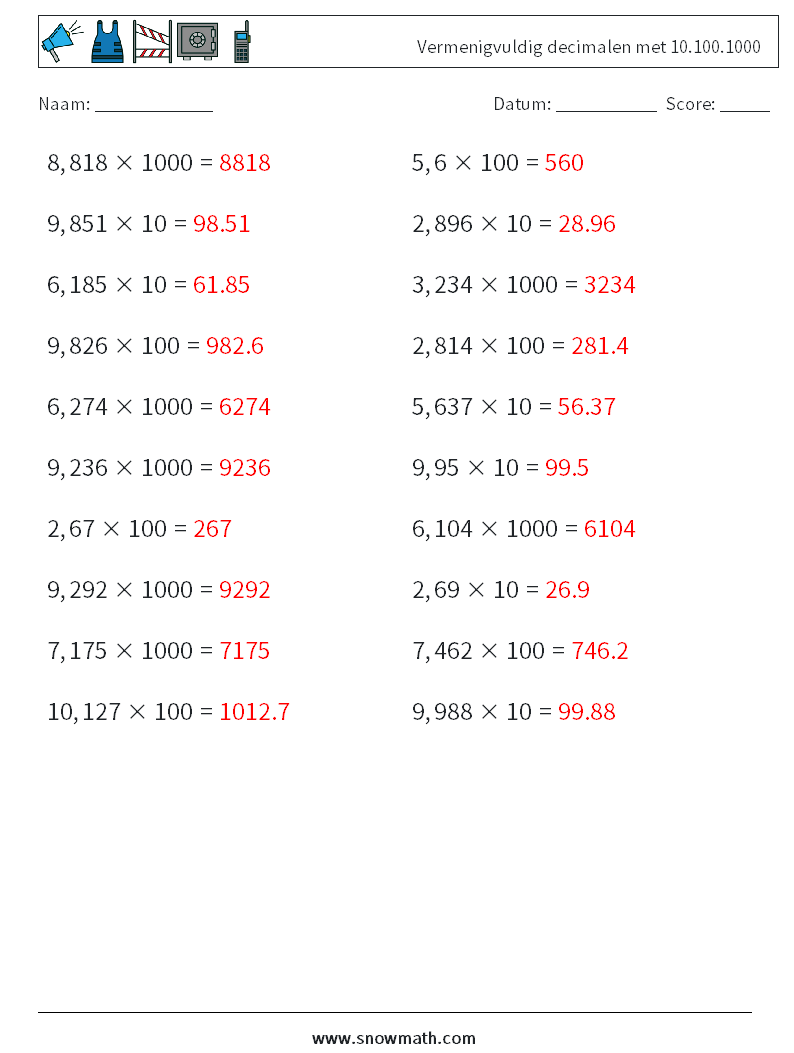 Vermenigvuldig decimalen met 10.100.1000 Wiskundige werkbladen 2 Vraag, Antwoord