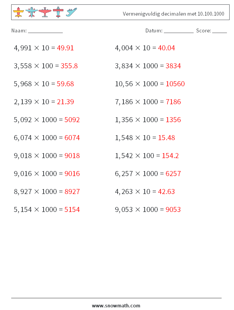 Vermenigvuldig decimalen met 10.100.1000 Wiskundige werkbladen 3 Vraag, Antwoord