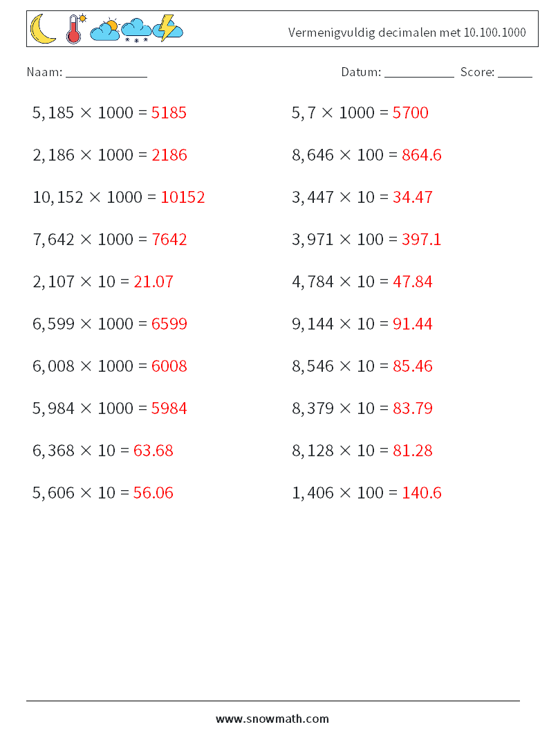 Vermenigvuldig decimalen met 10.100.1000 Wiskundige werkbladen 4 Vraag, Antwoord