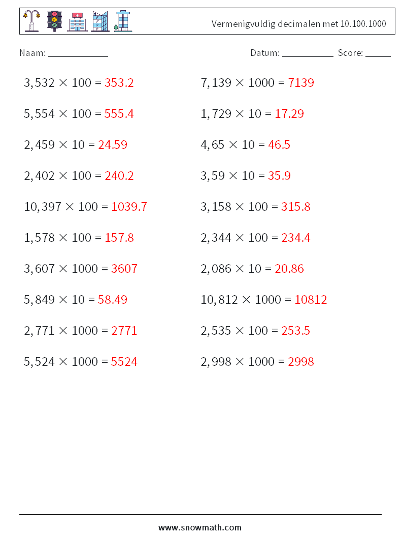 Vermenigvuldig decimalen met 10.100.1000 Wiskundige werkbladen 9 Vraag, Antwoord