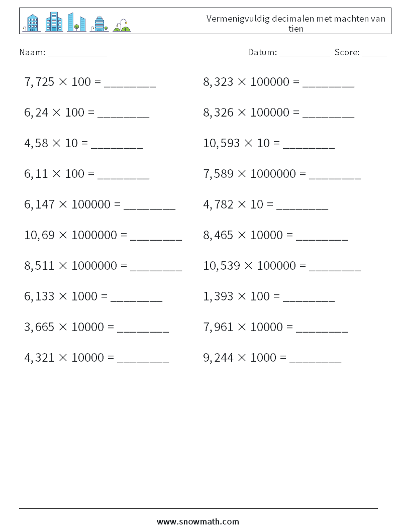 Vermenigvuldig decimalen met machten van tien Wiskundige werkbladen 1