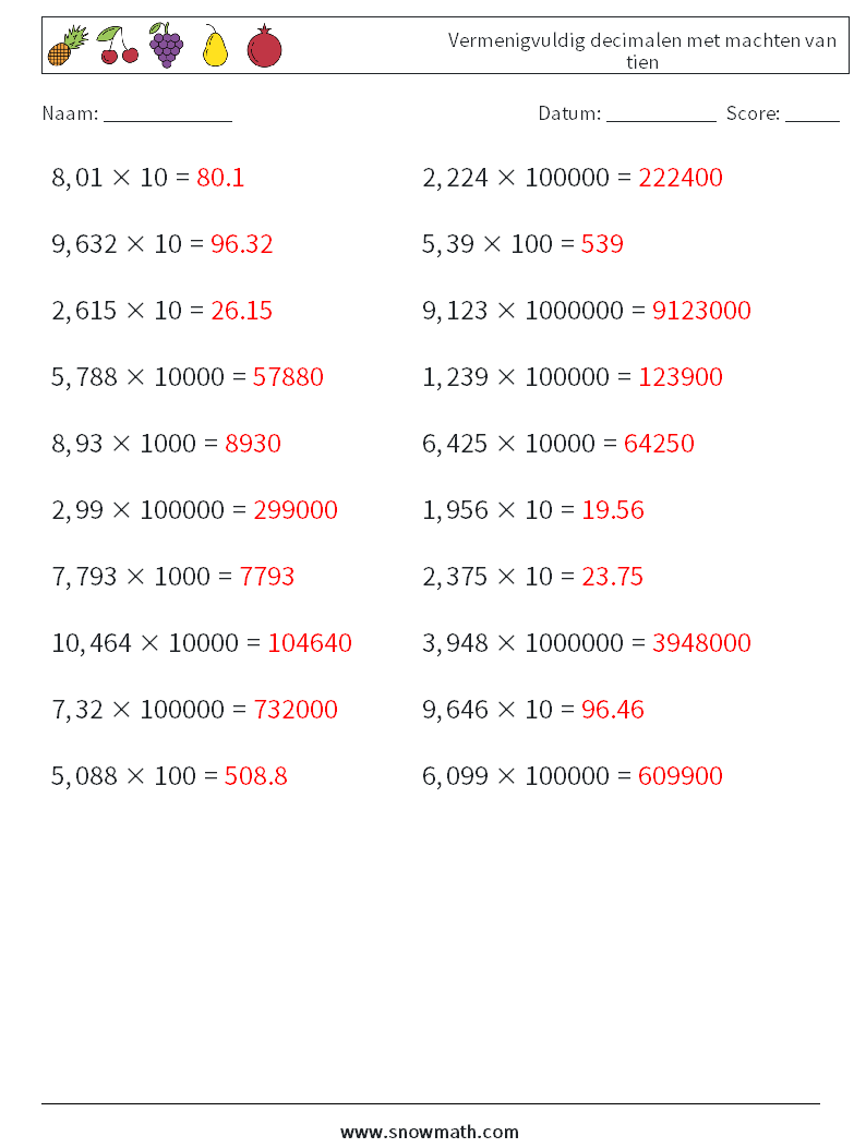 Vermenigvuldig decimalen met machten van tien Wiskundige werkbladen 15 Vraag, Antwoord