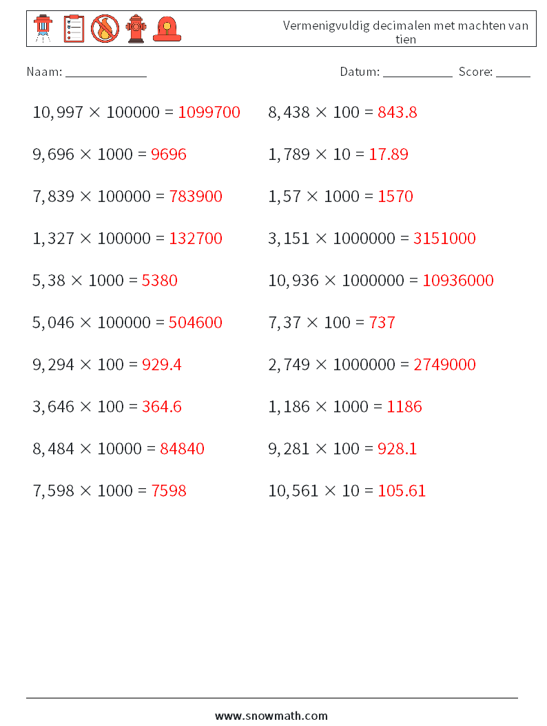 Vermenigvuldig decimalen met machten van tien Wiskundige werkbladen 18 Vraag, Antwoord