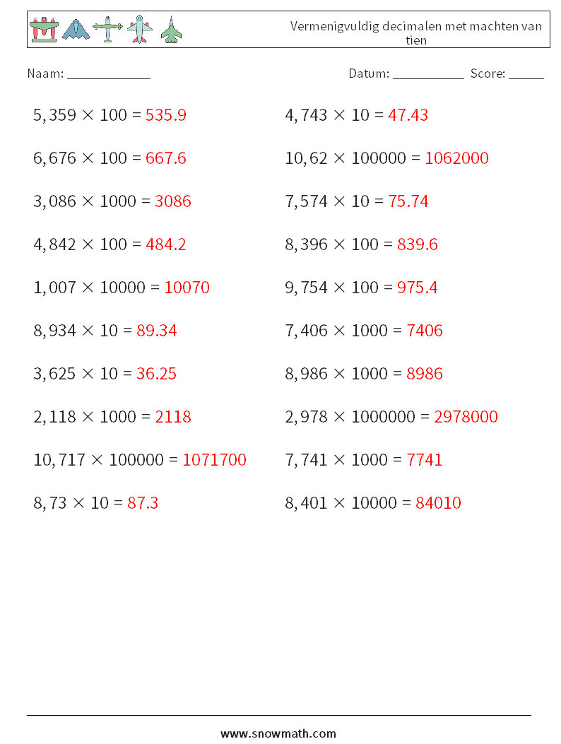 Vermenigvuldig decimalen met machten van tien Wiskundige werkbladen 2 Vraag, Antwoord