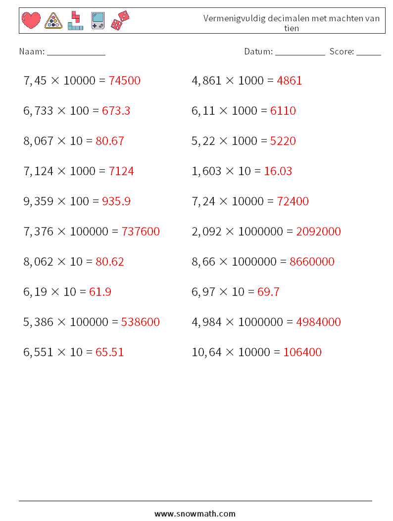 Vermenigvuldig decimalen met machten van tien Wiskundige werkbladen 3 Vraag, Antwoord