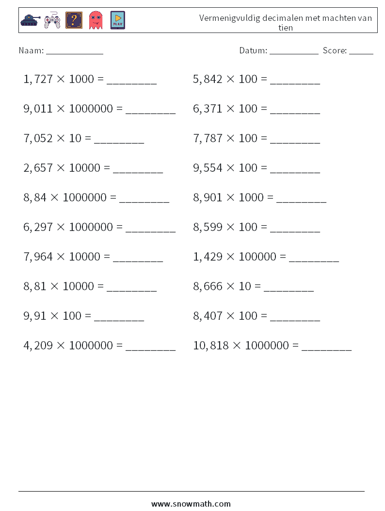 Vermenigvuldig decimalen met machten van tien Wiskundige werkbladen 4
