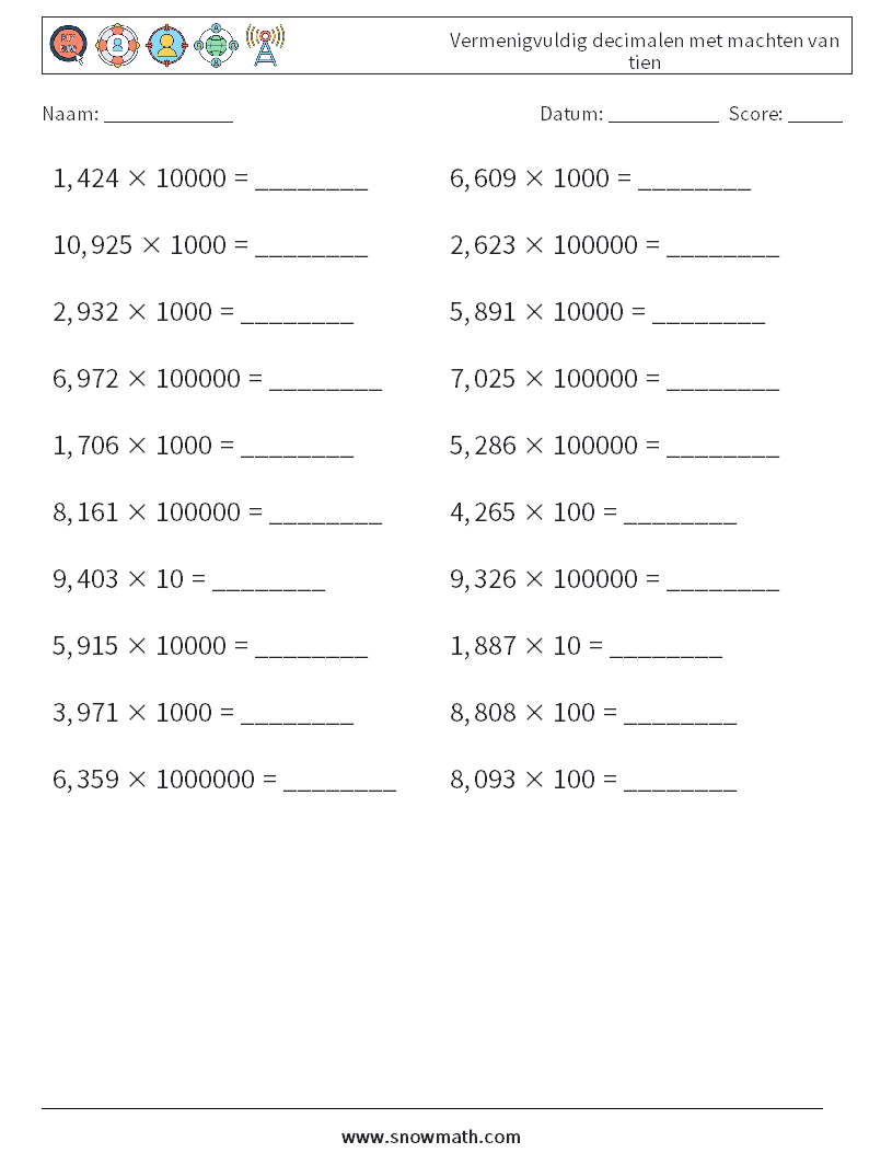 Vermenigvuldig decimalen met machten van tien Wiskundige werkbladen 5