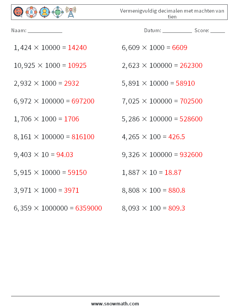 Vermenigvuldig decimalen met machten van tien Wiskundige werkbladen 5 Vraag, Antwoord