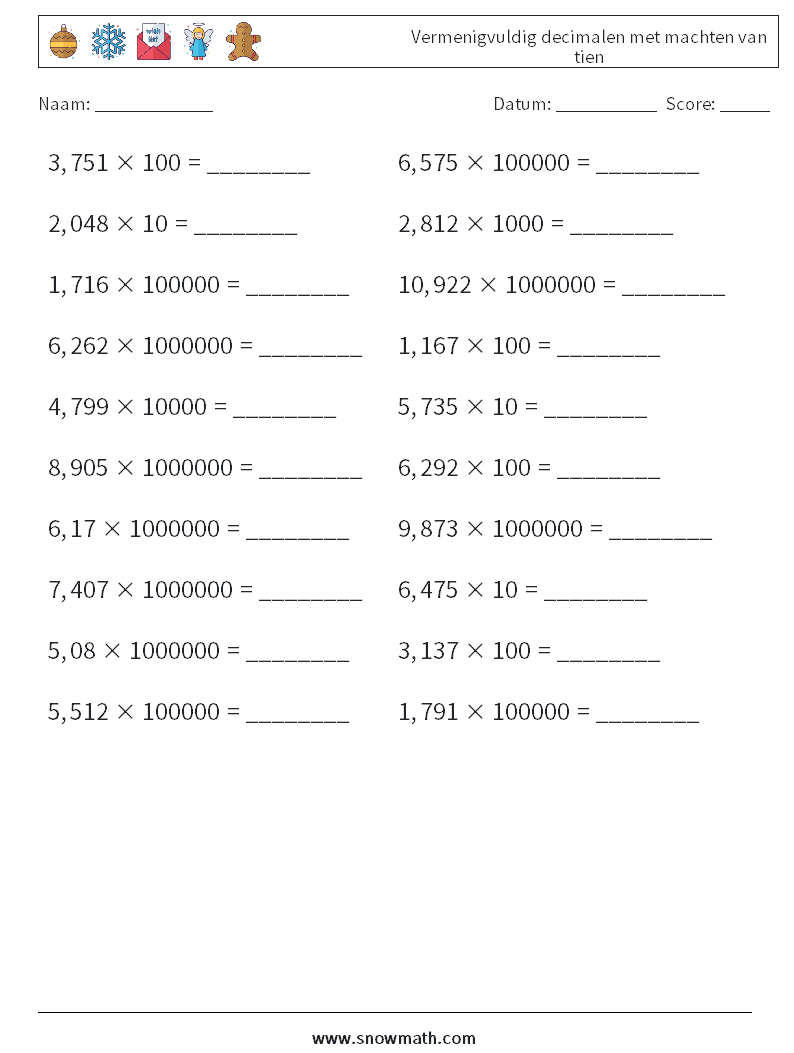 Vermenigvuldig decimalen met machten van tien Wiskundige werkbladen 7