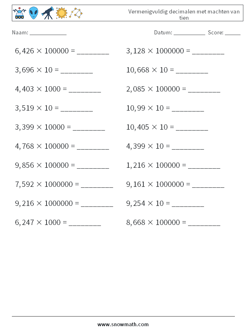 Vermenigvuldig decimalen met machten van tien Wiskundige werkbladen 8