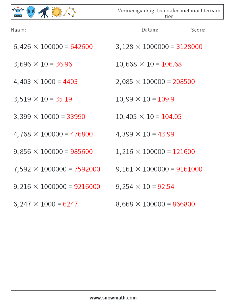 Vermenigvuldig decimalen met machten van tien Wiskundige werkbladen 8 Vraag, Antwoord