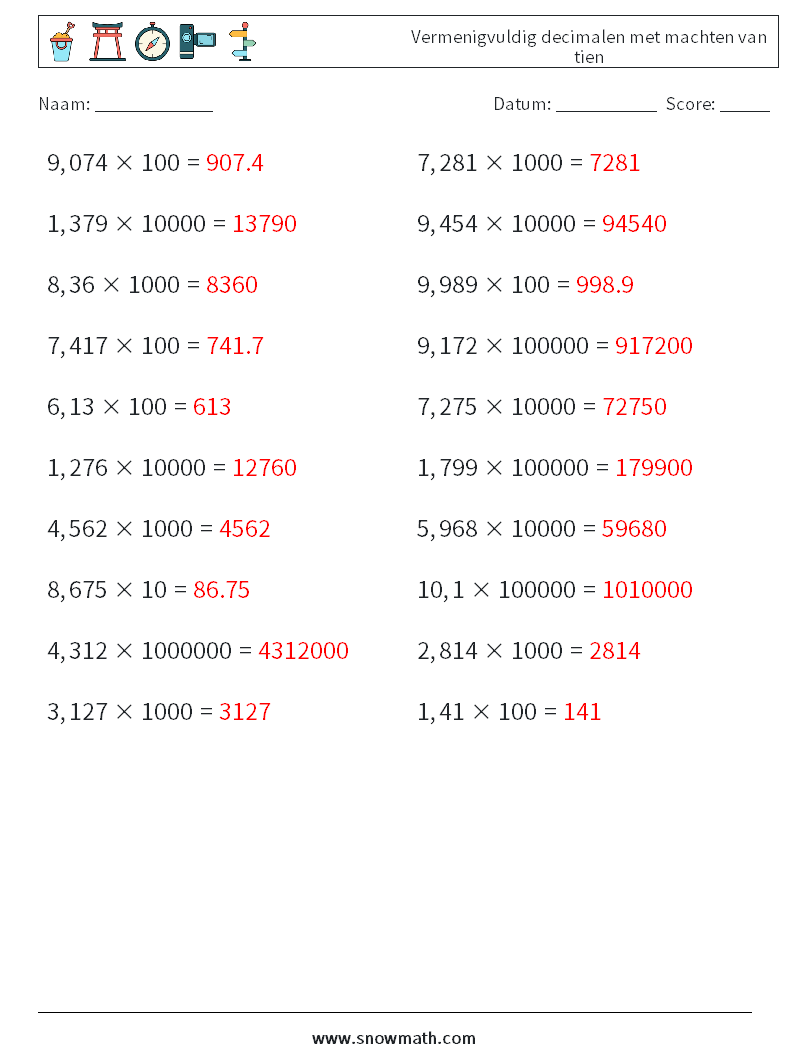 Vermenigvuldig decimalen met machten van tien Wiskundige werkbladen 9 Vraag, Antwoord