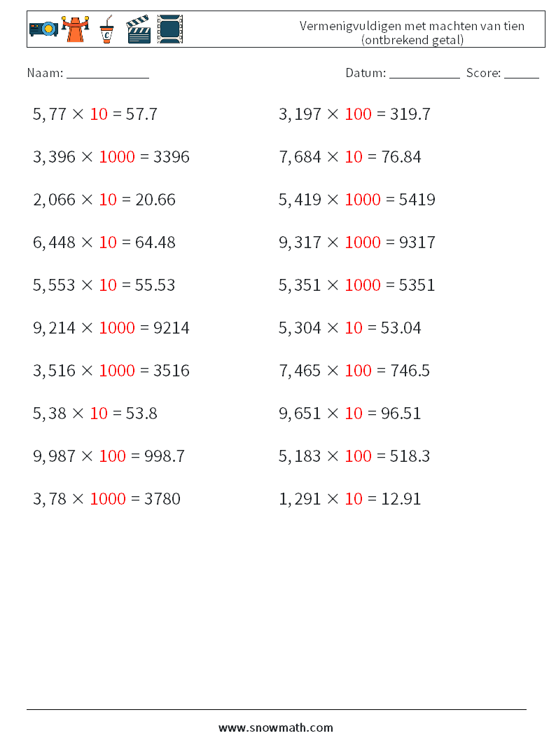 Vermenigvuldigen met machten van tien (ontbrekend getal) Wiskundige werkbladen 10 Vraag, Antwoord