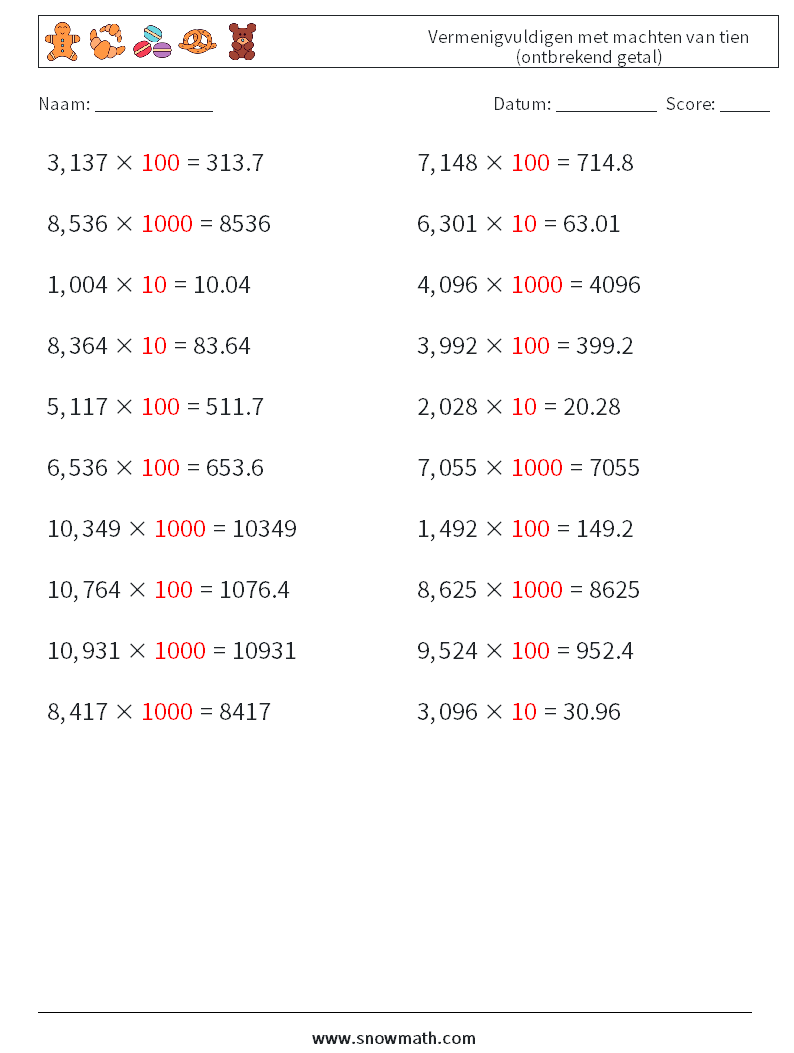 Vermenigvuldigen met machten van tien (ontbrekend getal) Wiskundige werkbladen 13 Vraag, Antwoord