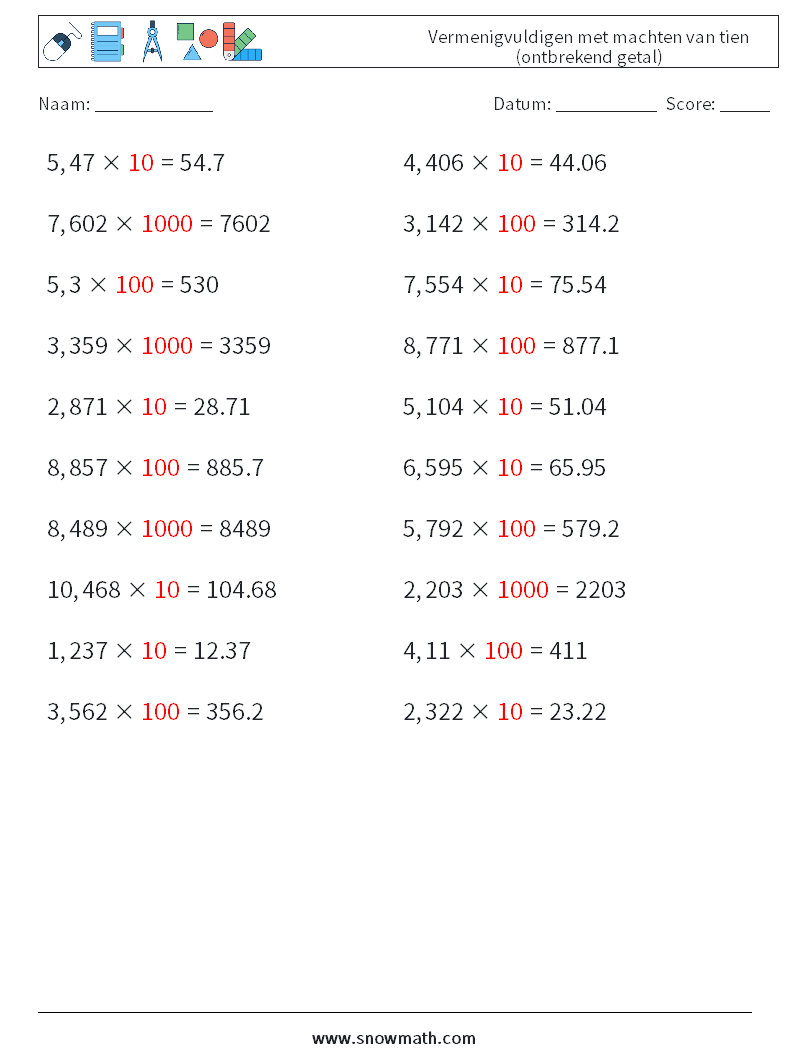 Vermenigvuldigen met machten van tien (ontbrekend getal) Wiskundige werkbladen 14 Vraag, Antwoord