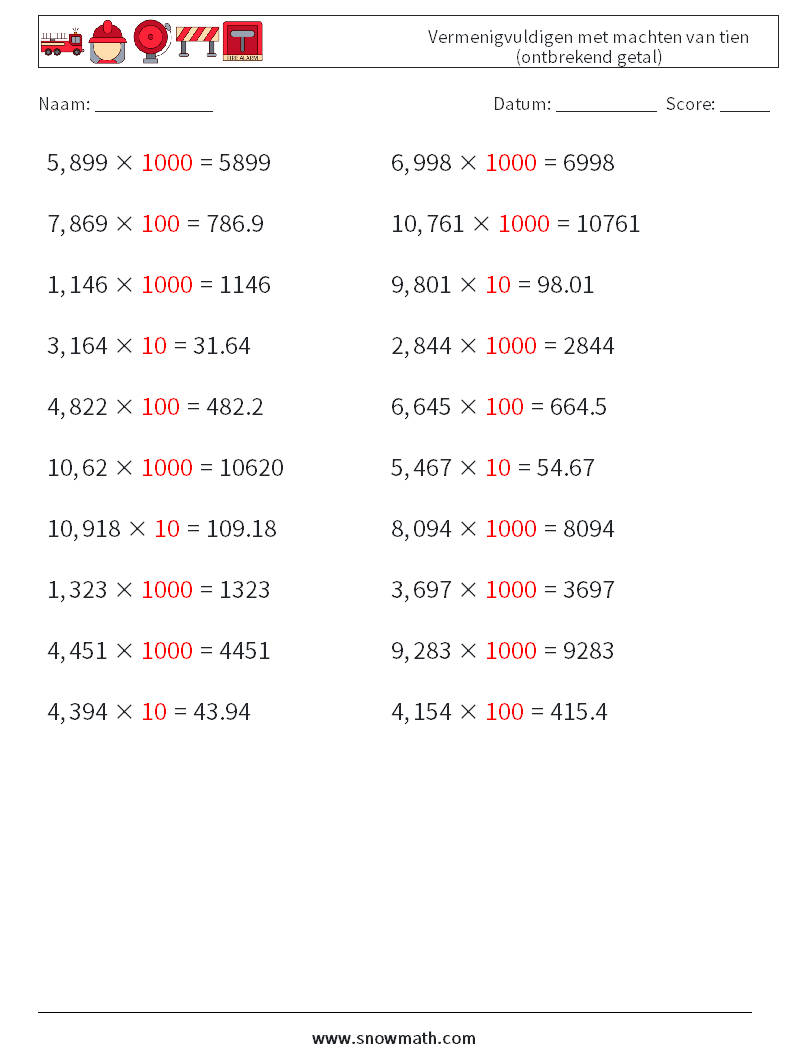 Vermenigvuldigen met machten van tien (ontbrekend getal) Wiskundige werkbladen 16 Vraag, Antwoord
