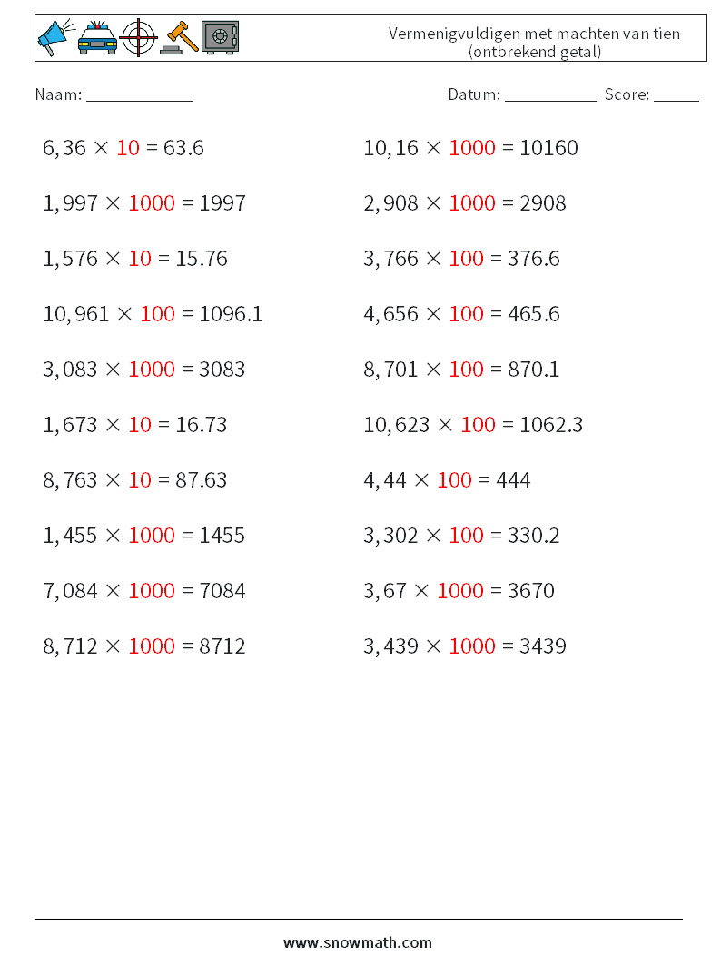 Vermenigvuldigen met machten van tien (ontbrekend getal) Wiskundige werkbladen 18 Vraag, Antwoord