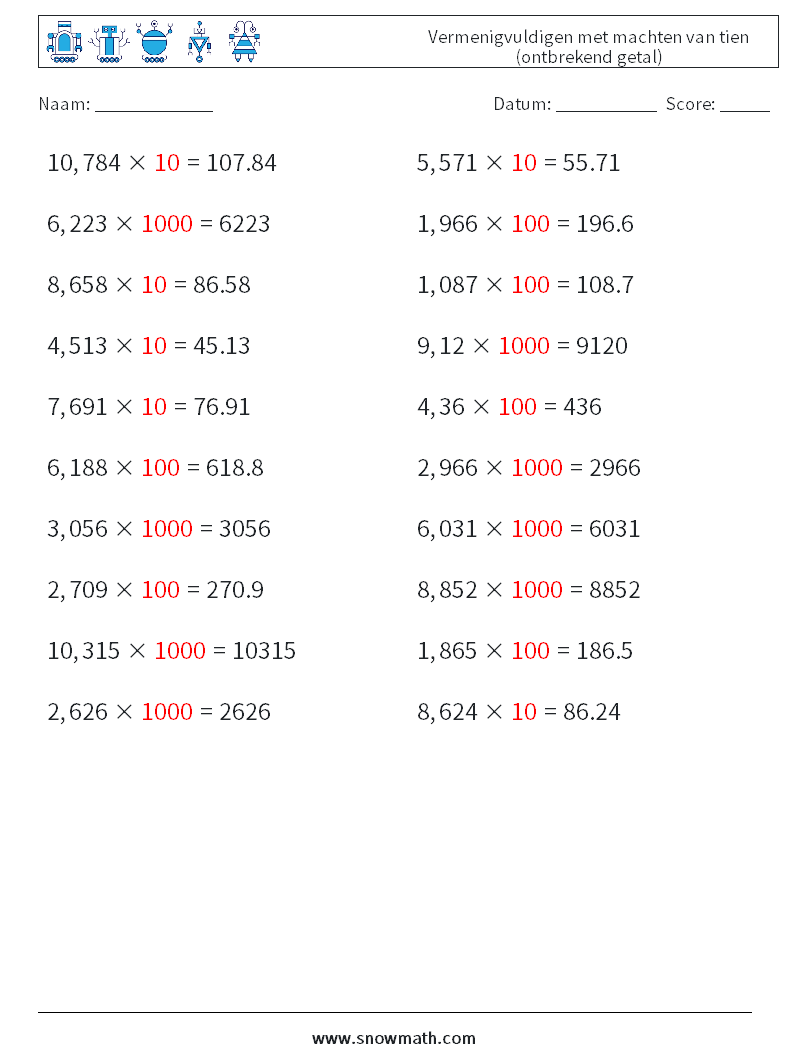 Vermenigvuldigen met machten van tien (ontbrekend getal) Wiskundige werkbladen 4 Vraag, Antwoord