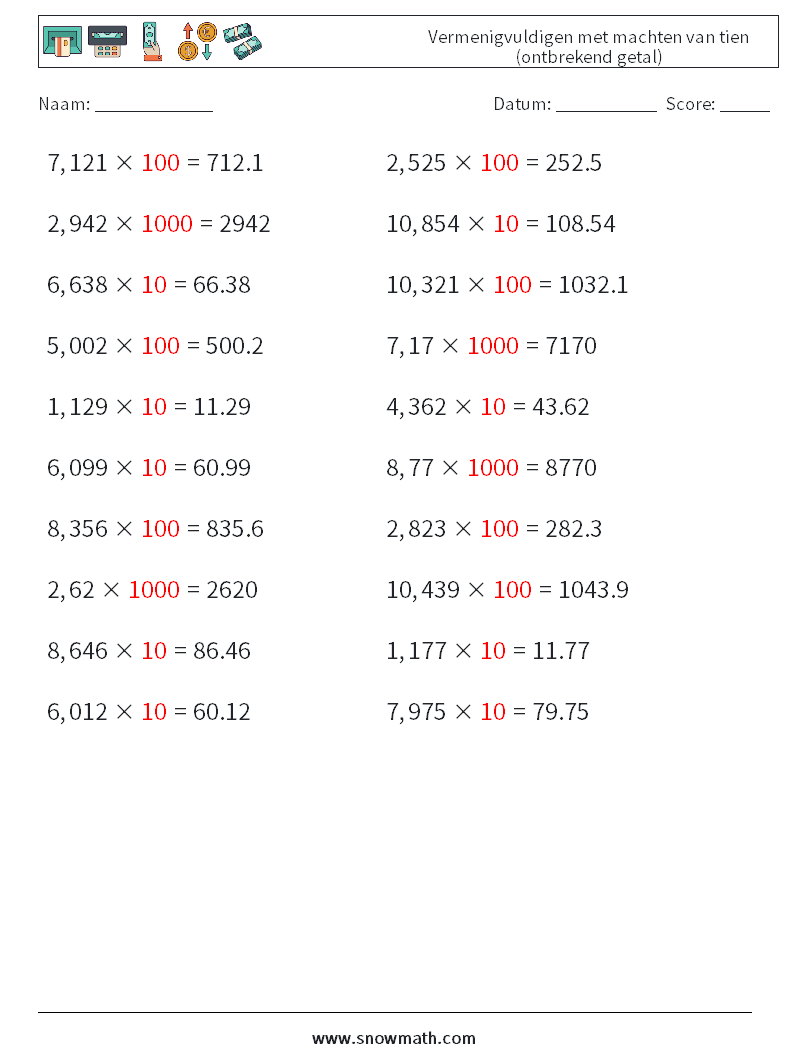 Vermenigvuldigen met machten van tien (ontbrekend getal) Wiskundige werkbladen 6 Vraag, Antwoord