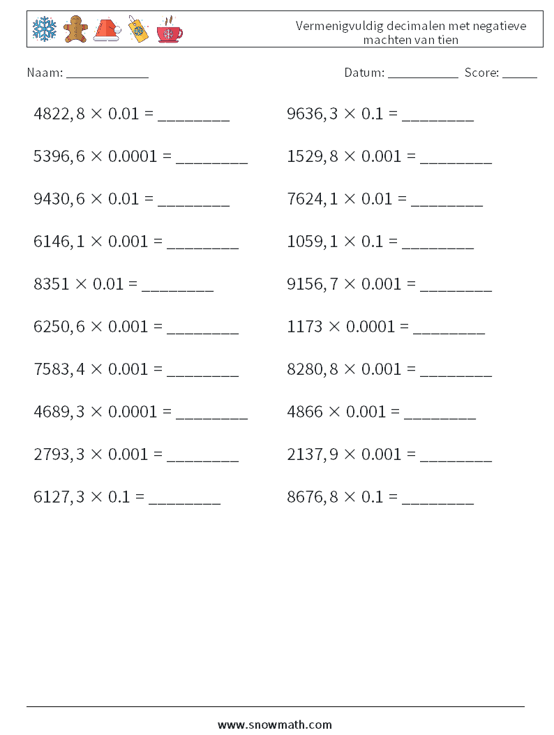 Vermenigvuldig decimalen met negatieve machten van tien