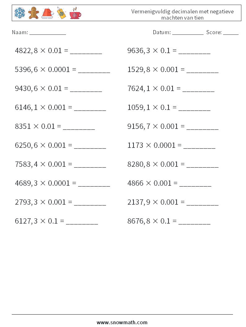 Vermenigvuldig decimalen met negatieve machten van tien Wiskundige werkbladen 1