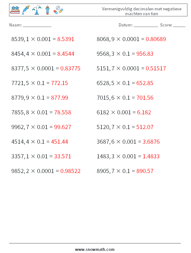 Vermenigvuldig decimalen met negatieve machten van tien Wiskundige werkbladen 11 Vraag, Antwoord