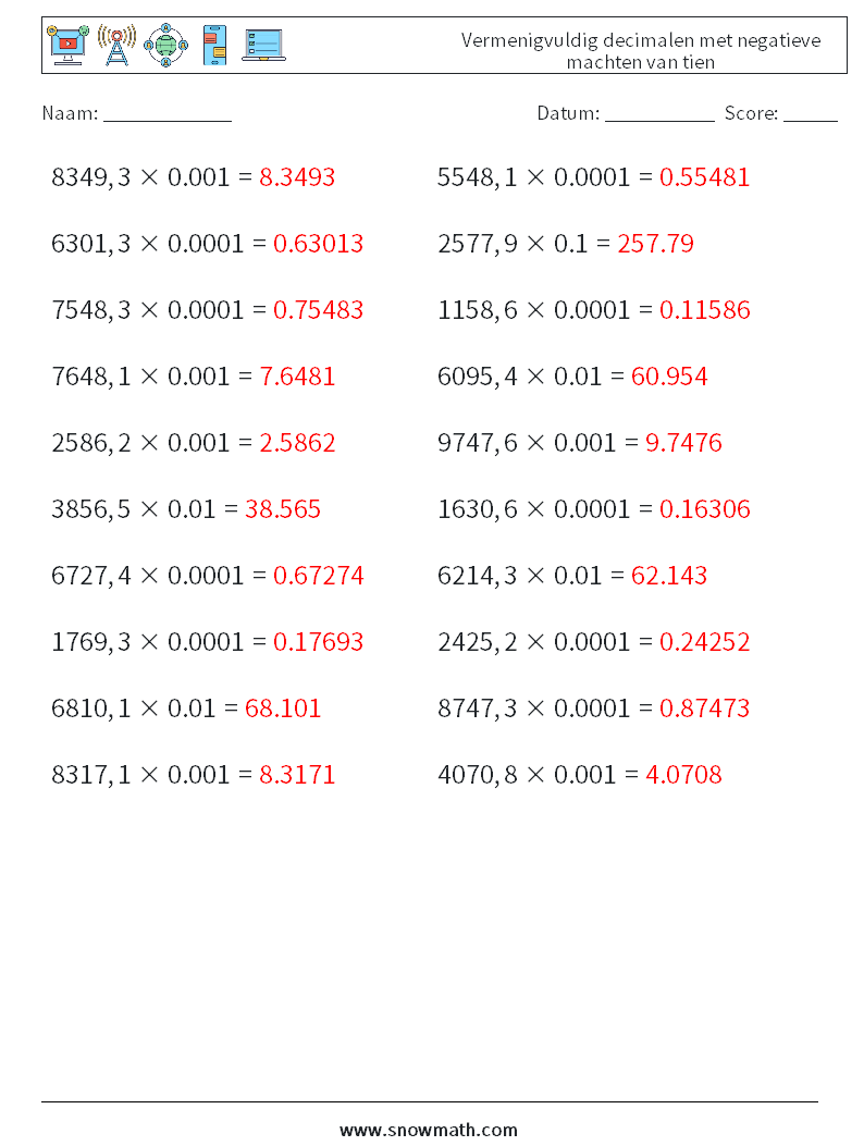 Vermenigvuldig decimalen met negatieve machten van tien Wiskundige werkbladen 12 Vraag, Antwoord