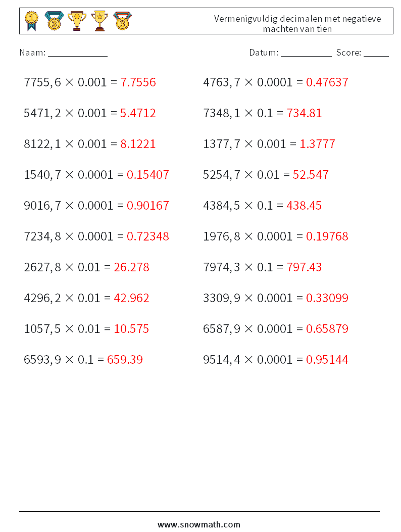 Vermenigvuldig decimalen met negatieve machten van tien Wiskundige werkbladen 13 Vraag, Antwoord