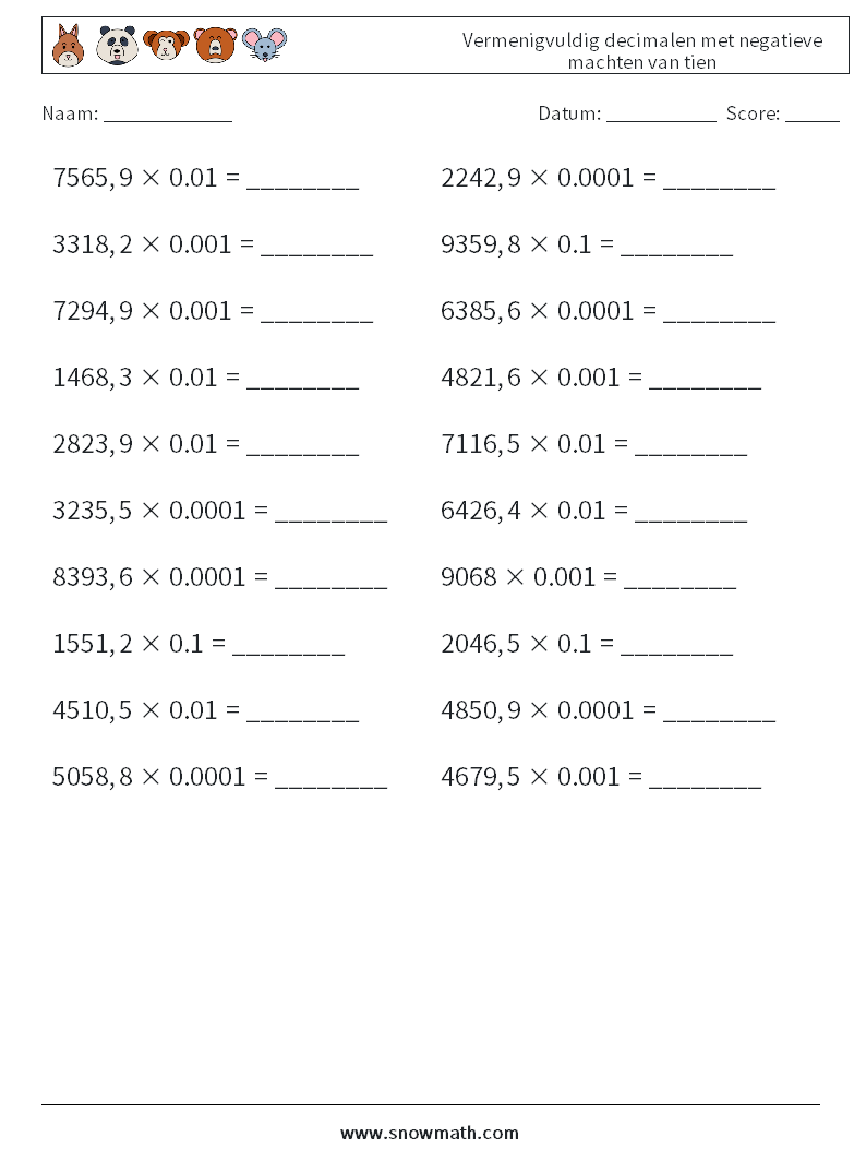 Vermenigvuldig decimalen met negatieve machten van tien Wiskundige werkbladen 14