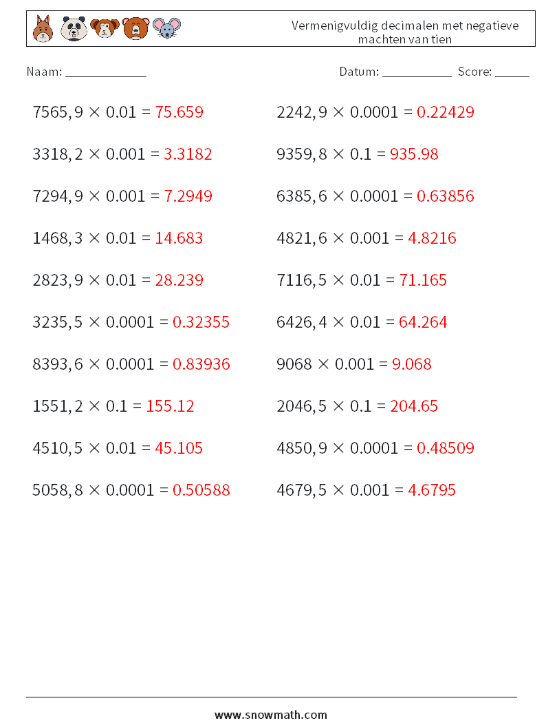 Vermenigvuldig decimalen met negatieve machten van tien Wiskundige werkbladen 14 Vraag, Antwoord