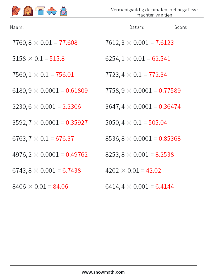 Vermenigvuldig decimalen met negatieve machten van tien Wiskundige werkbladen 15 Vraag, Antwoord