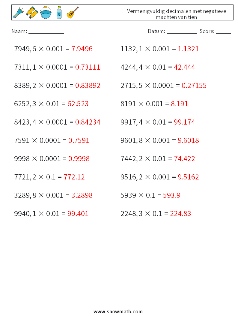 Vermenigvuldig decimalen met negatieve machten van tien Wiskundige werkbladen 16 Vraag, Antwoord