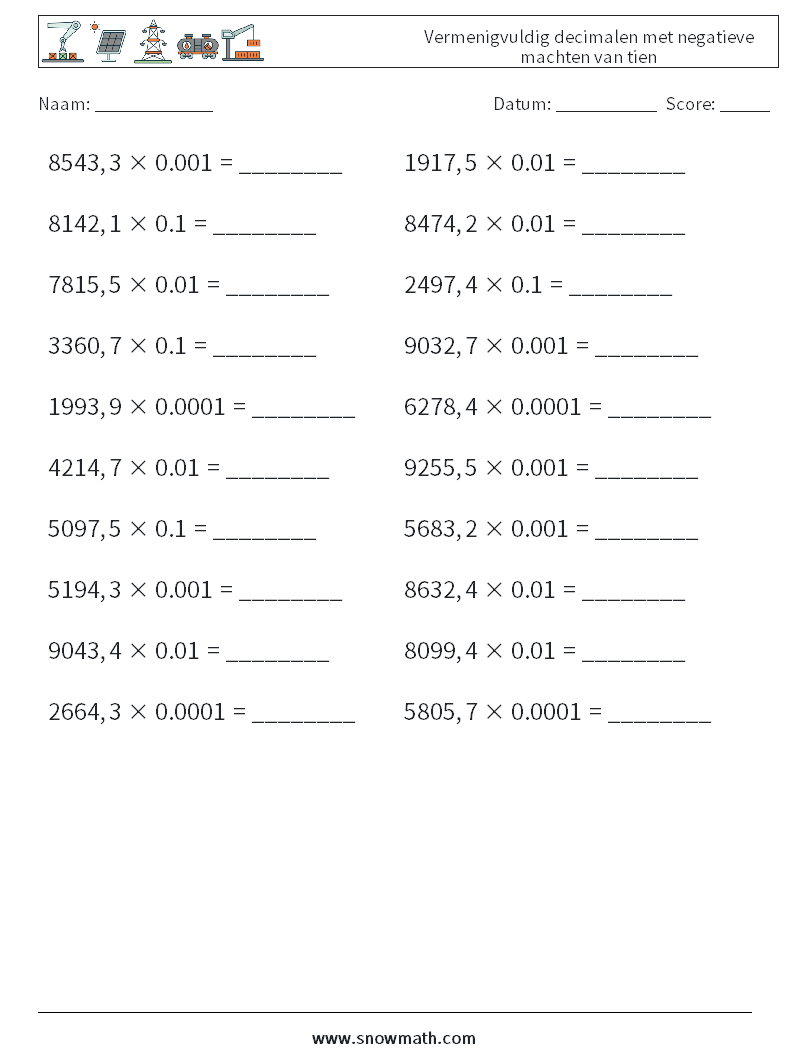 Vermenigvuldig decimalen met negatieve machten van tien Wiskundige werkbladen 17